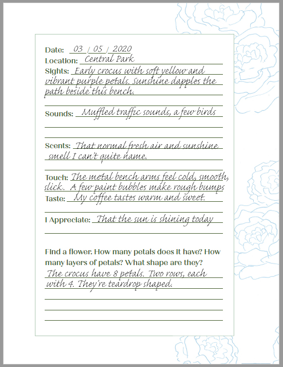 Filled in page of journal. Early crocus with soft yellow petals...